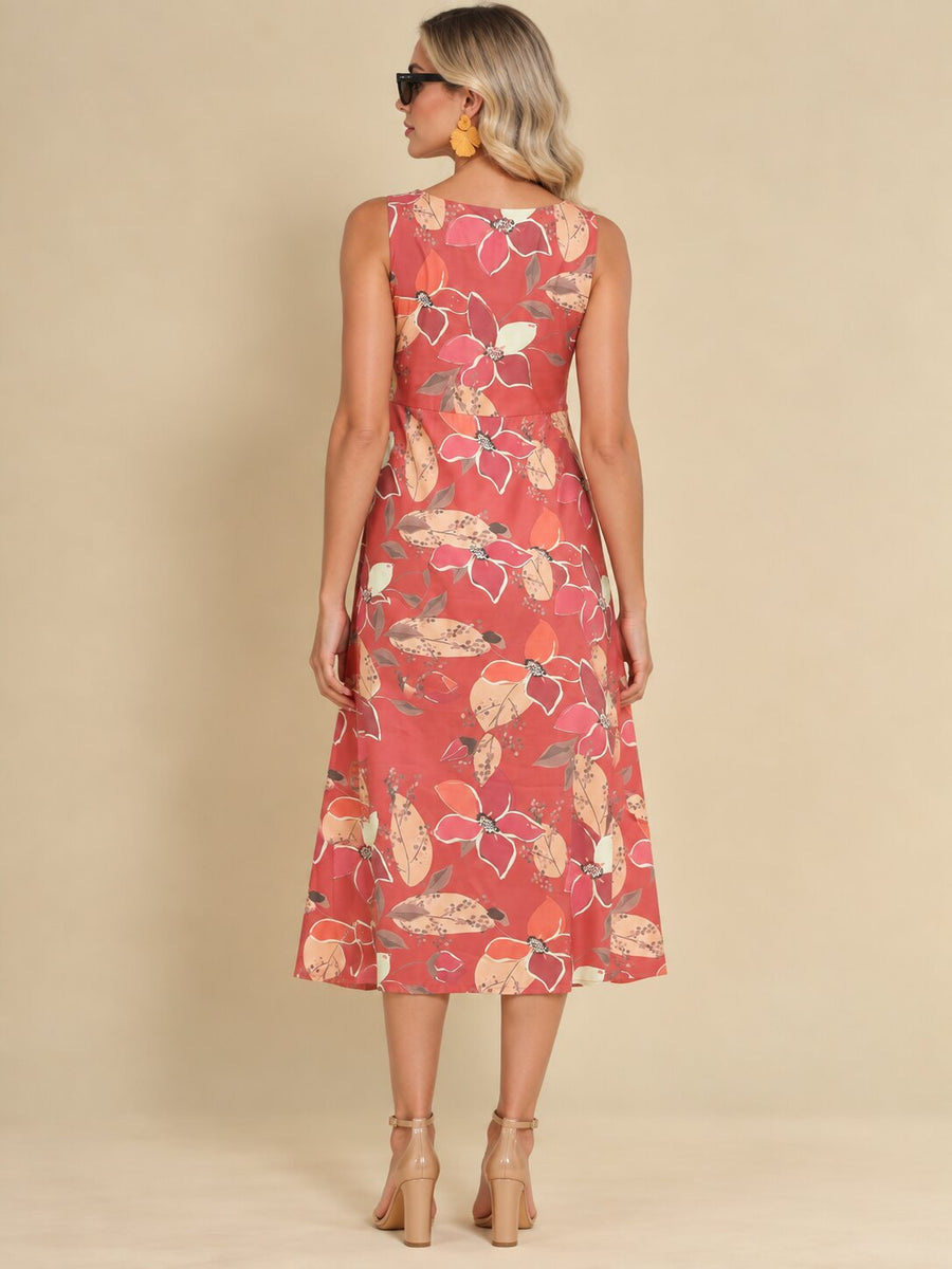 Women Burgundy Ethnic Motifs Digital Print Fit and Flare Midi Dress