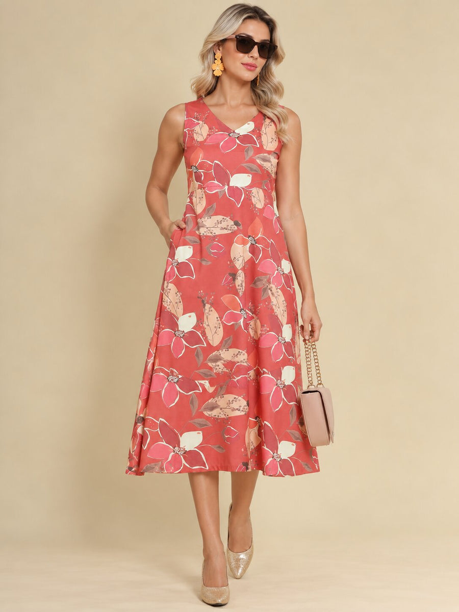 Women Burgundy Ethnic Motifs Digital Print Fit and Flare Midi Dress