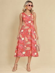 Women Burgundy Ethnic Motifs Digital Print Fit and Flare Midi Dress
