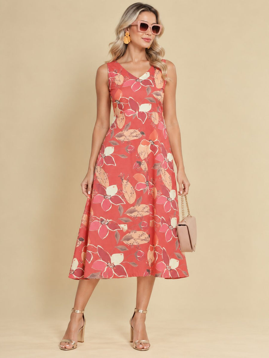 Women Burgundy Ethnic Motifs Digital Print Fit and Flare Midi Dress