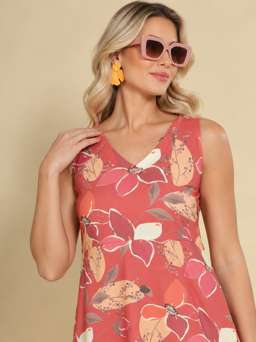 Women Burgundy Ethnic Motifs Digital Print Fit and Flare Midi Dress
