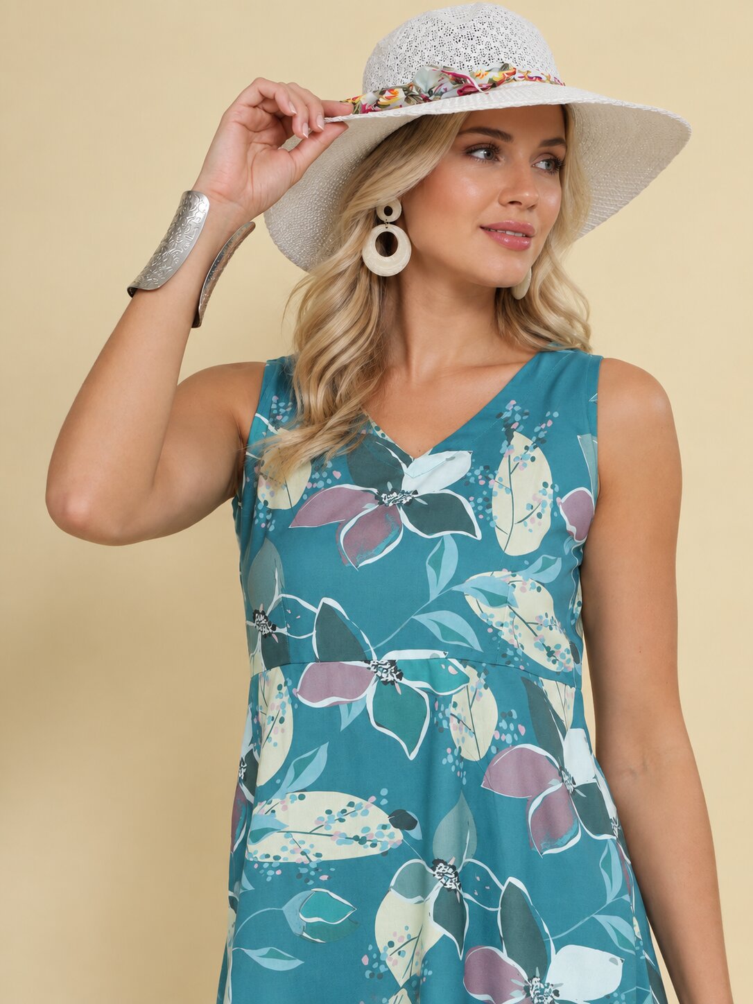 Women Teal Ethnic Motifs Digital Print Fit and Flare Midi Dress