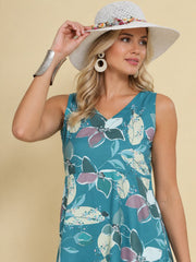 Women Teal Ethnic Motifs Digital Print Fit and Flare Midi Dress