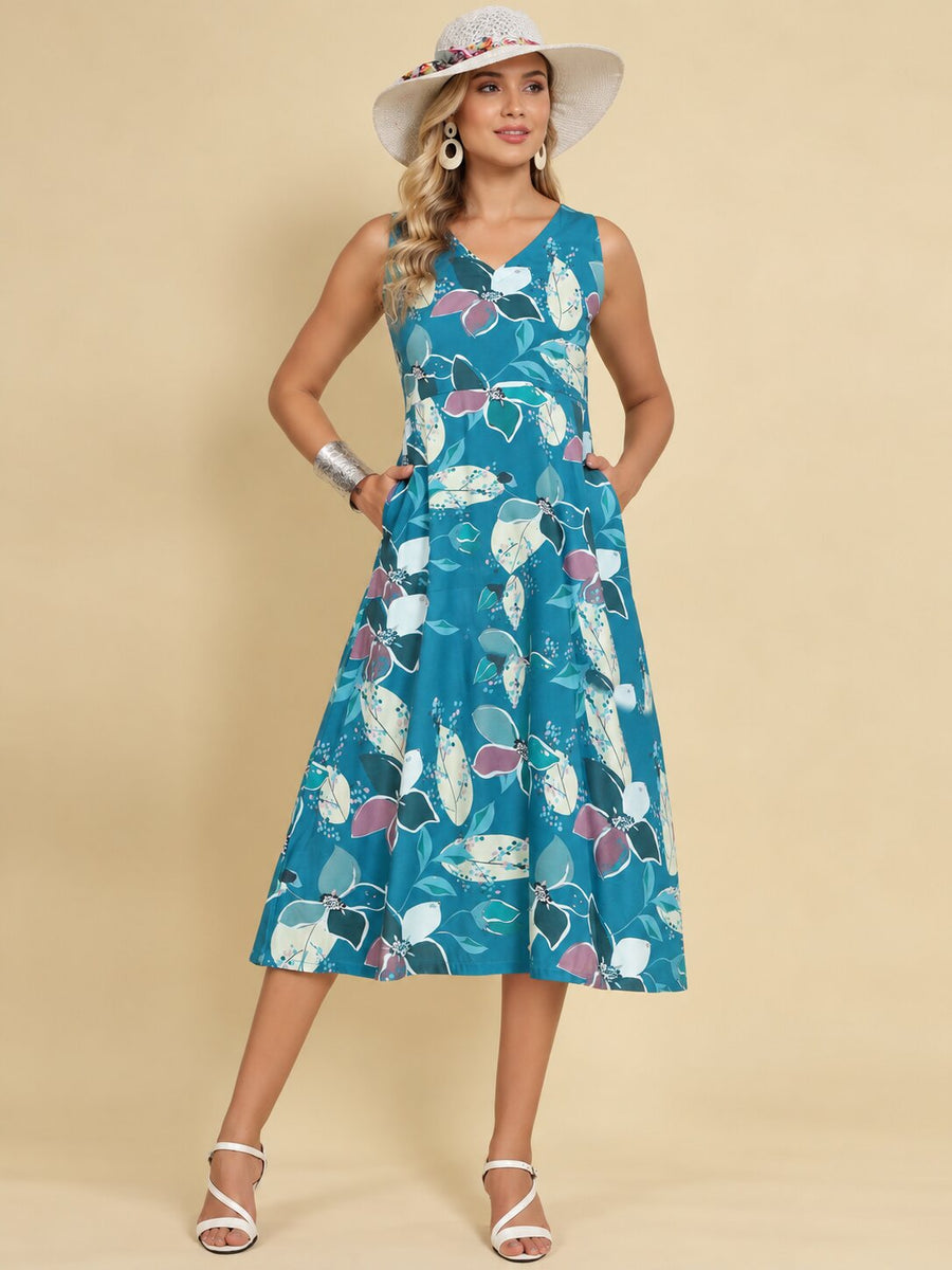 Women Teal Ethnic Motifs Digital Print Fit and Flare Midi Dress