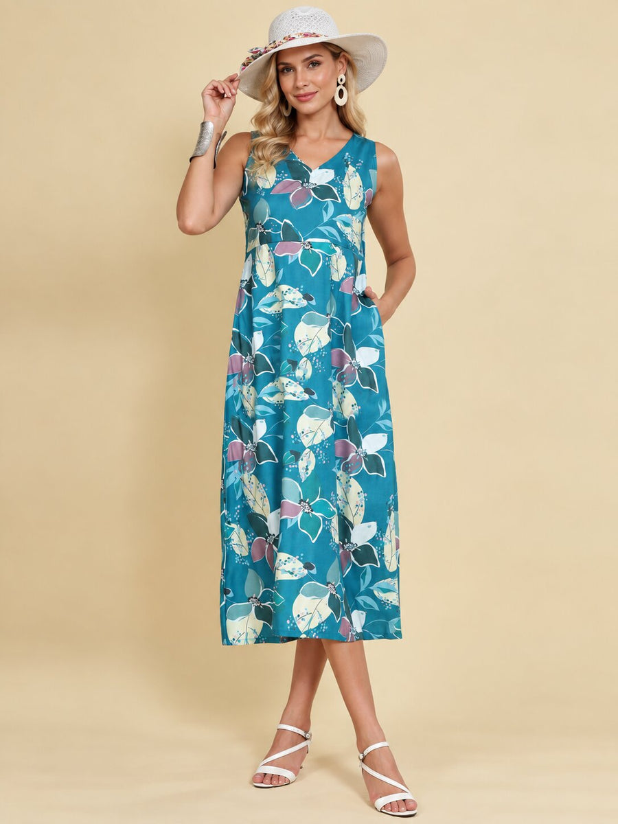 Women Teal Ethnic Motifs Digital Print Fit and Flare Midi Dress