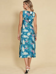 Women Teal Ethnic Motifs Digital Print Fit and Flare Midi Dress