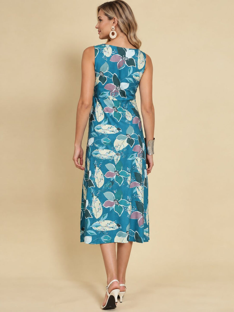 Women Teal Ethnic Motifs Digital Print Fit and Flare Midi Dress