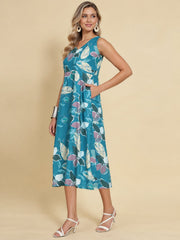 Women Teal Ethnic Motifs Digital Print Fit and Flare Midi Dress