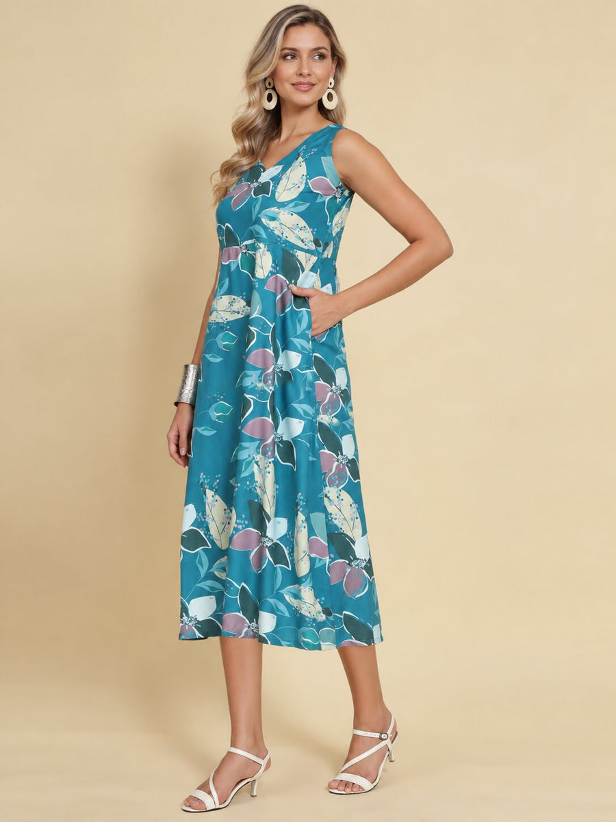 Women Teal Ethnic Motifs Digital Print Fit and Flare Midi Dress