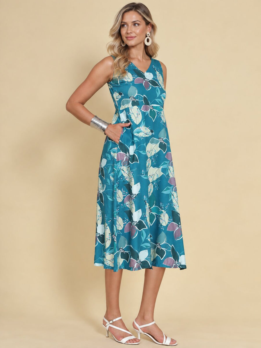 Women Teal Ethnic Motifs Digital Print Fit and Flare Midi Dress
