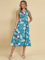 Women Teal Ethnic Motifs Digital Print Fit and Flare Midi Dress