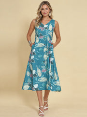 Women Teal Ethnic Motifs Digital Print Fit and Flare Midi Dress