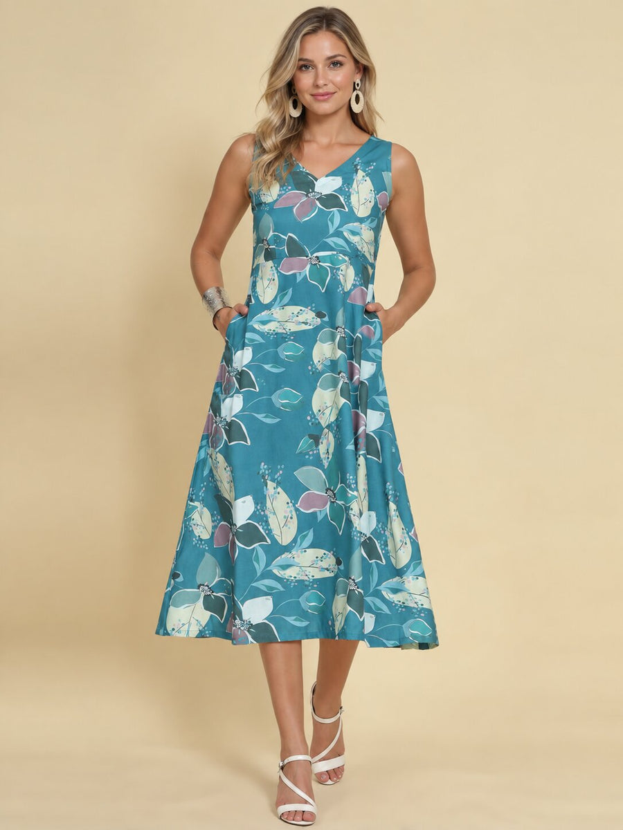 Women Teal Ethnic Motifs Digital Print Fit and Flare Midi Dress