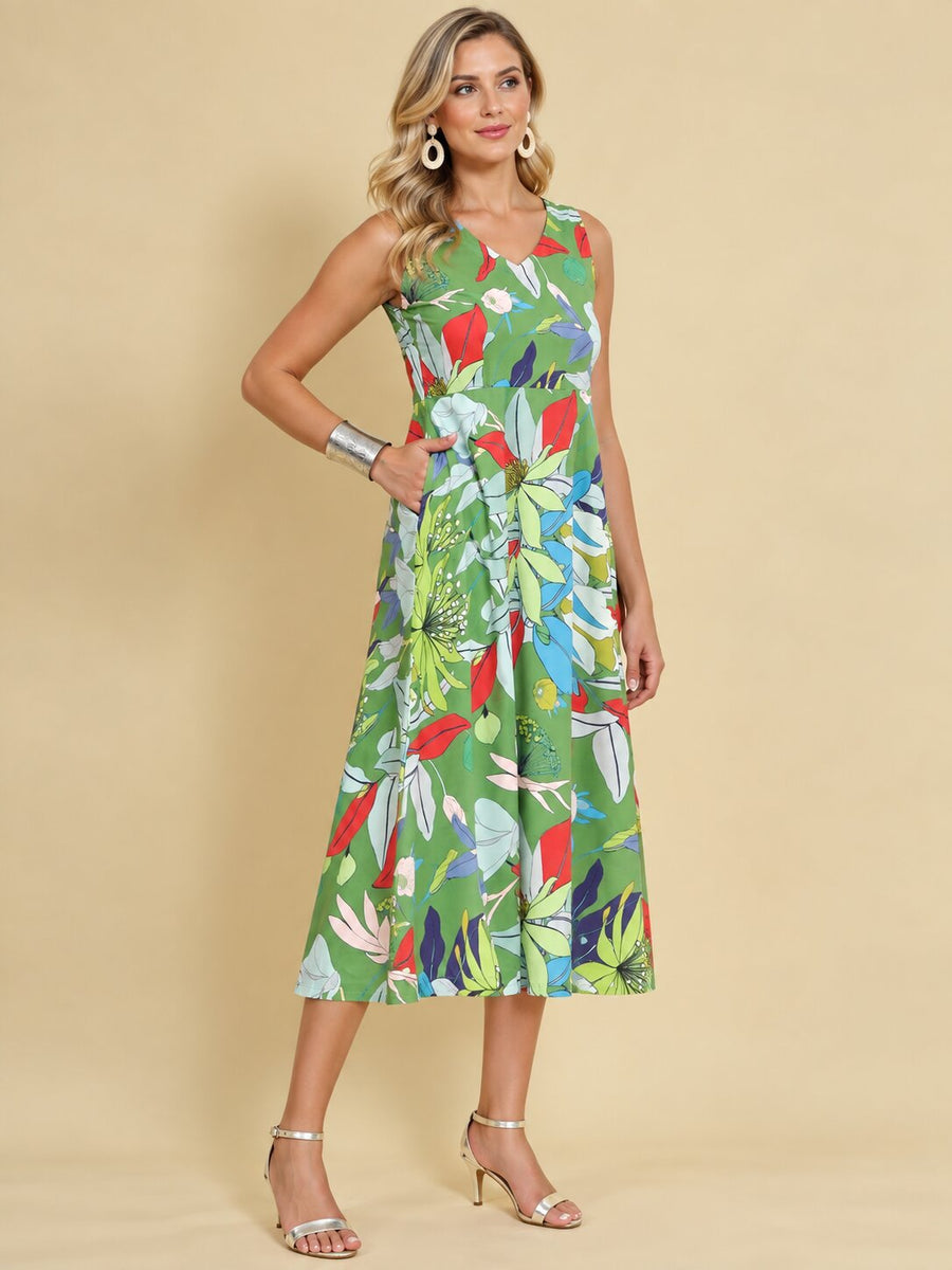 Women Green Ethnic Motifs Digital Print Fit and Flare Midi Dress