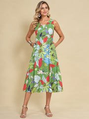 Women Green Ethnic Motifs Digital Print Fit and Flare Midi Dress