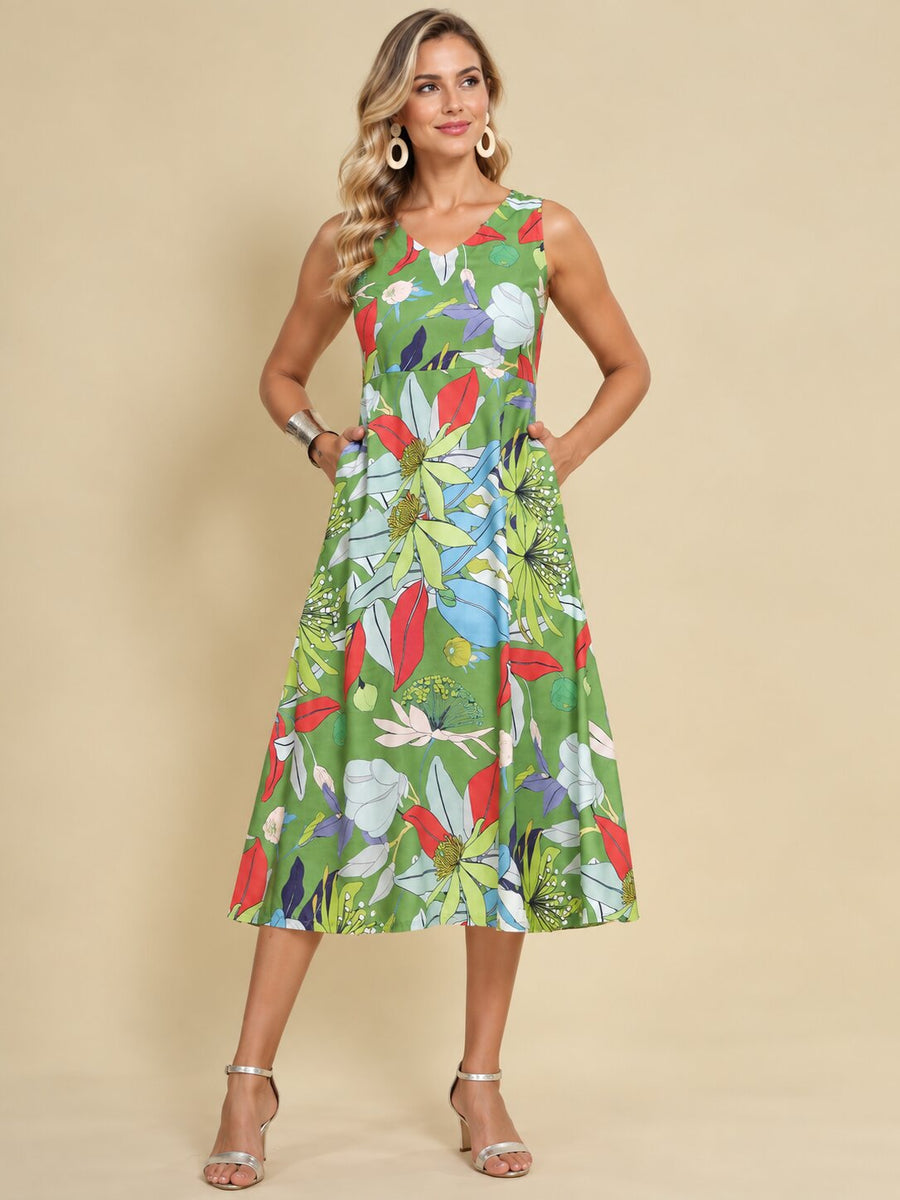 Women Green Ethnic Motifs Digital Print Fit and Flare Midi Dress