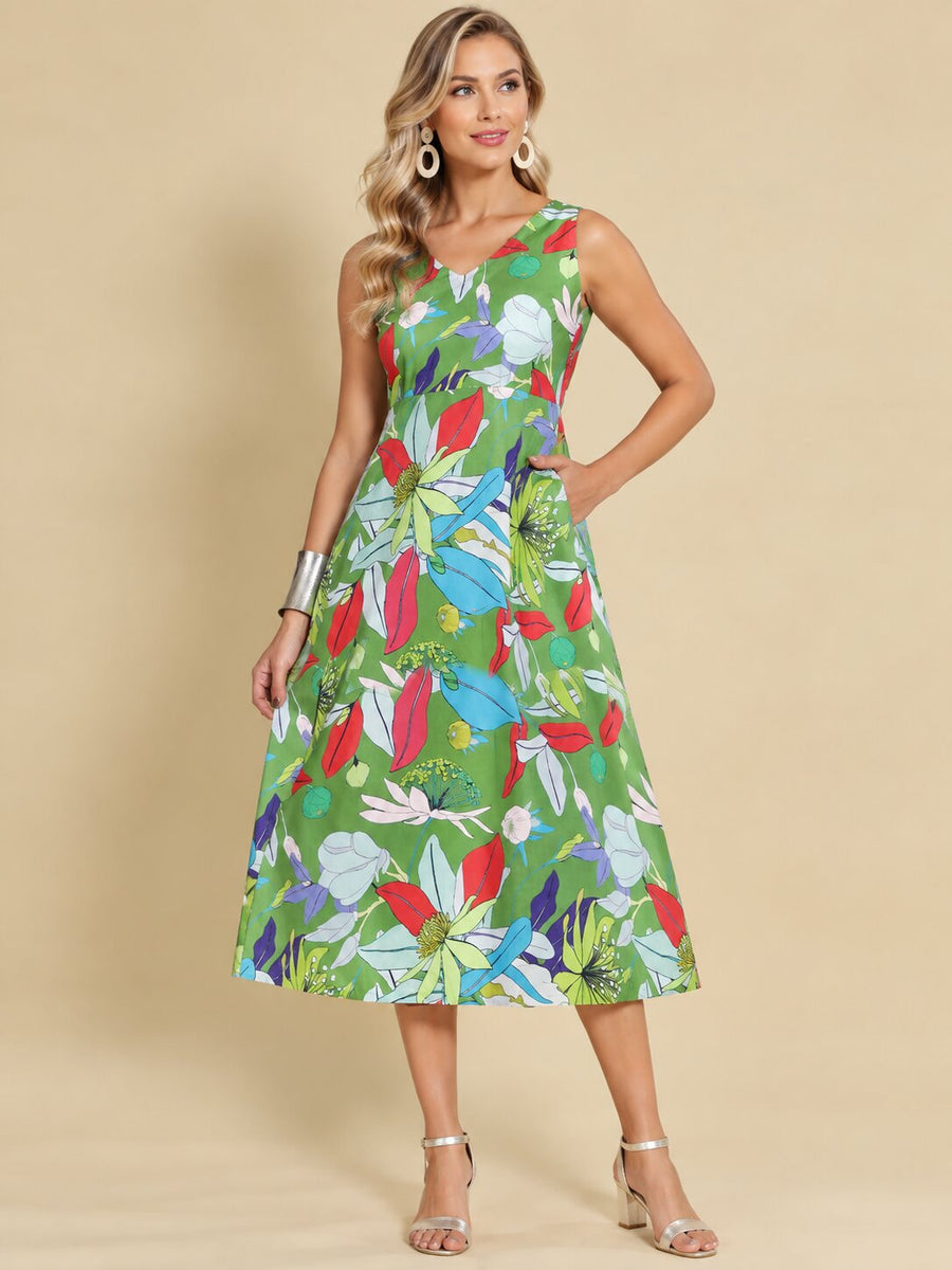 Women Green Ethnic Motifs Digital Print Fit and Flare Midi Dress