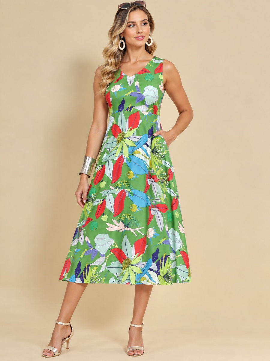 Women Green Ethnic Motifs Digital Print Fit and Flare Midi Dress