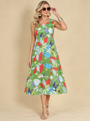 Women Green Ethnic Motifs Digital Print Fit and Flare Midi Dress