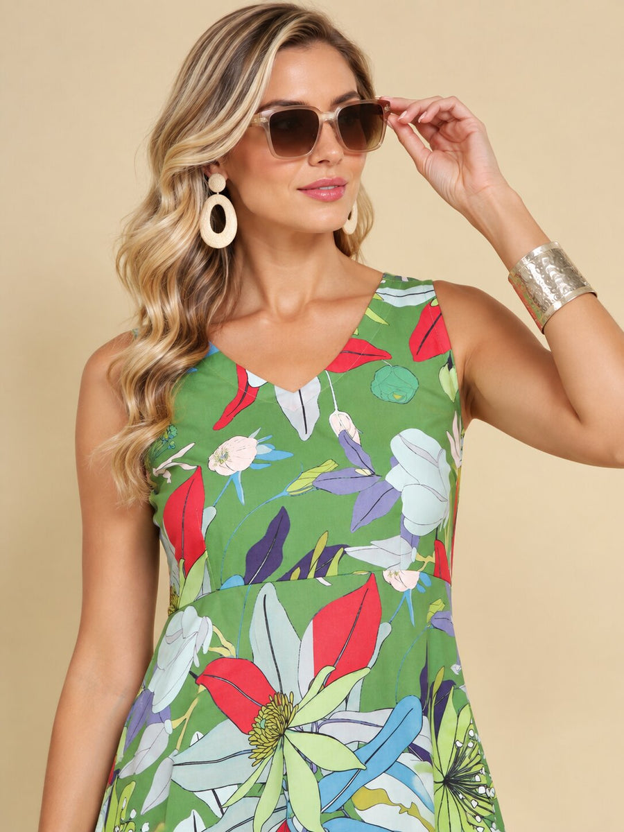 Women Green Ethnic Motifs Digital Print Fit and Flare Midi Dress