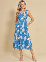 Women Blue Ethnic Motifs Digital Print Fit and Flare Midi Dress