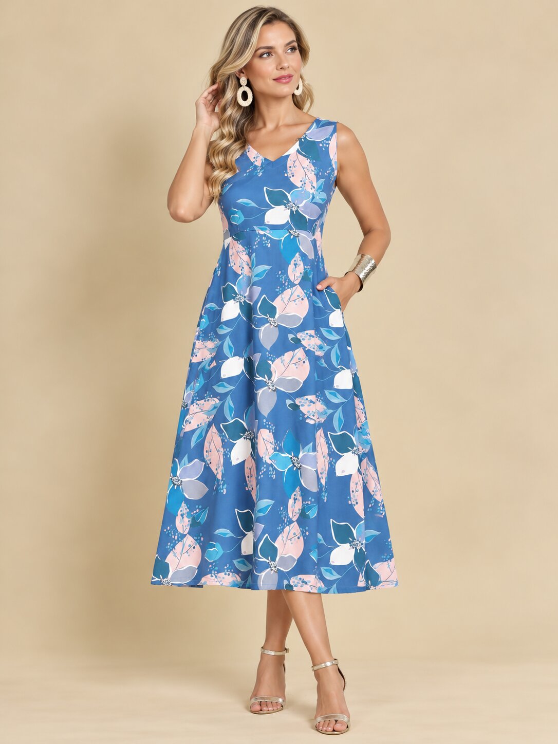 Women Blue Ethnic Motifs Digital Print Fit and Flare Midi Dress