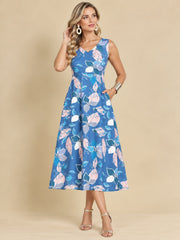Women Blue Ethnic Motifs Digital Print Fit and Flare Midi Dress