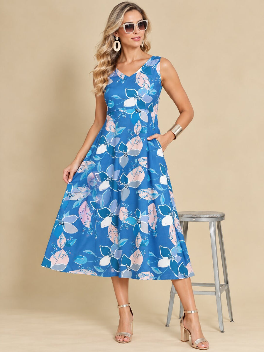 Women Blue Ethnic Motifs Digital Print Fit and Flare Midi Dress