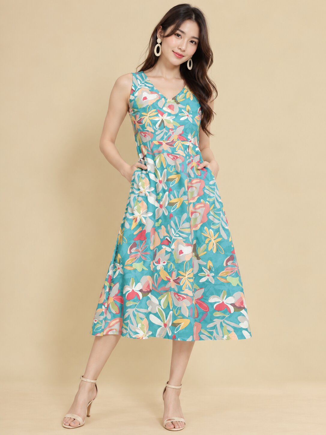 Women Teal Ethnic Motifs Digital Print Fit and Flare Midi Dress