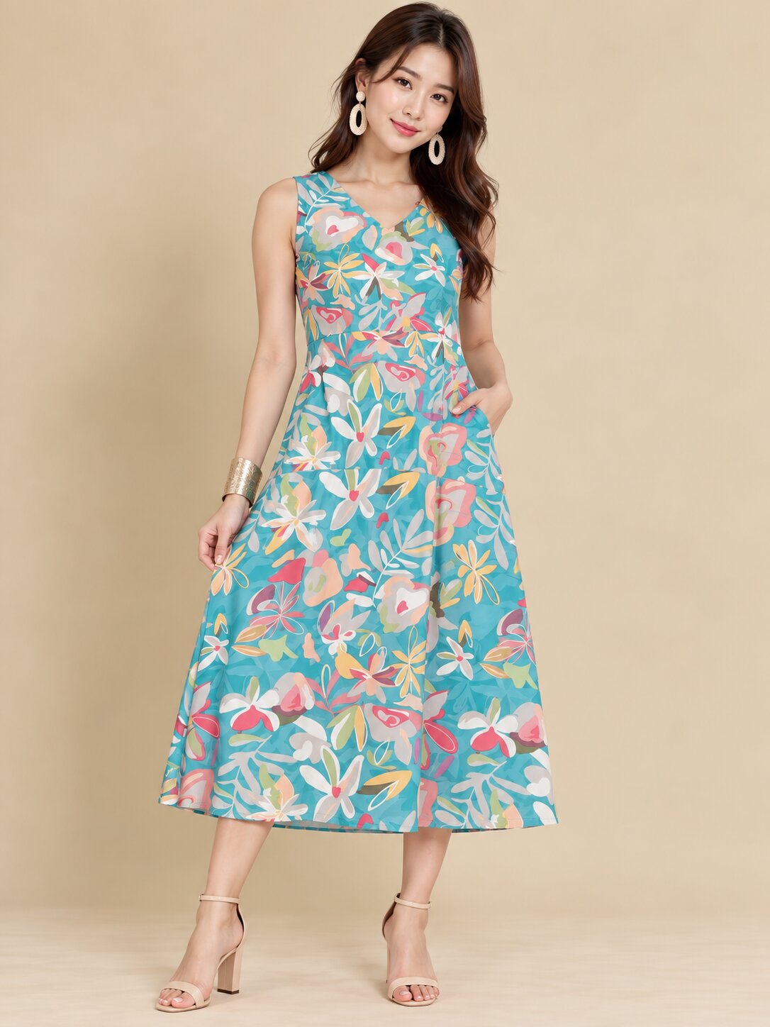 Women Teal Ethnic Motifs Digital Print Fit and Flare Midi Dress