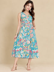 Women Teal Ethnic Motifs Digital Print Fit and Flare Midi Dress