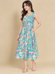 Women Teal Ethnic Motifs Digital Print Fit and Flare Midi Dress