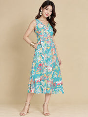 Women Teal Ethnic Motifs Digital Print Fit and Flare Midi Dress
