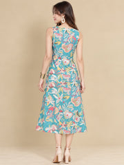 Women Teal Ethnic Motifs Digital Print Fit and Flare Midi Dress