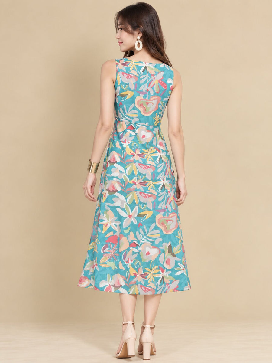 Women Teal Ethnic Motifs Digital Print Fit and Flare Midi Dress
