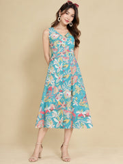 Women Teal Ethnic Motifs Digital Print Fit and Flare Midi Dress