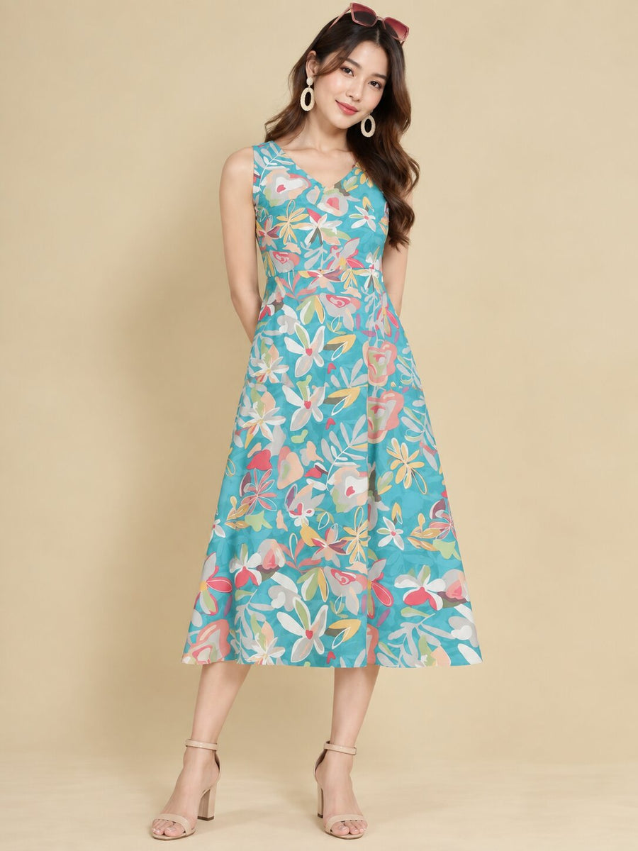 Women Teal Ethnic Motifs Digital Print Fit and Flare Midi Dress