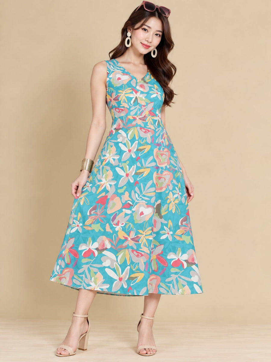 Women Teal Ethnic Motifs Digital Print Fit and Flare Midi Dress