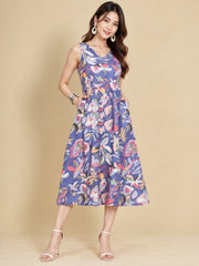 Women Purple Ethnic Motifs Digital Print Fit and Flare Midi Dress