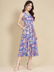 Women Purple Ethnic Motifs Digital Print Fit and Flare Midi Dress