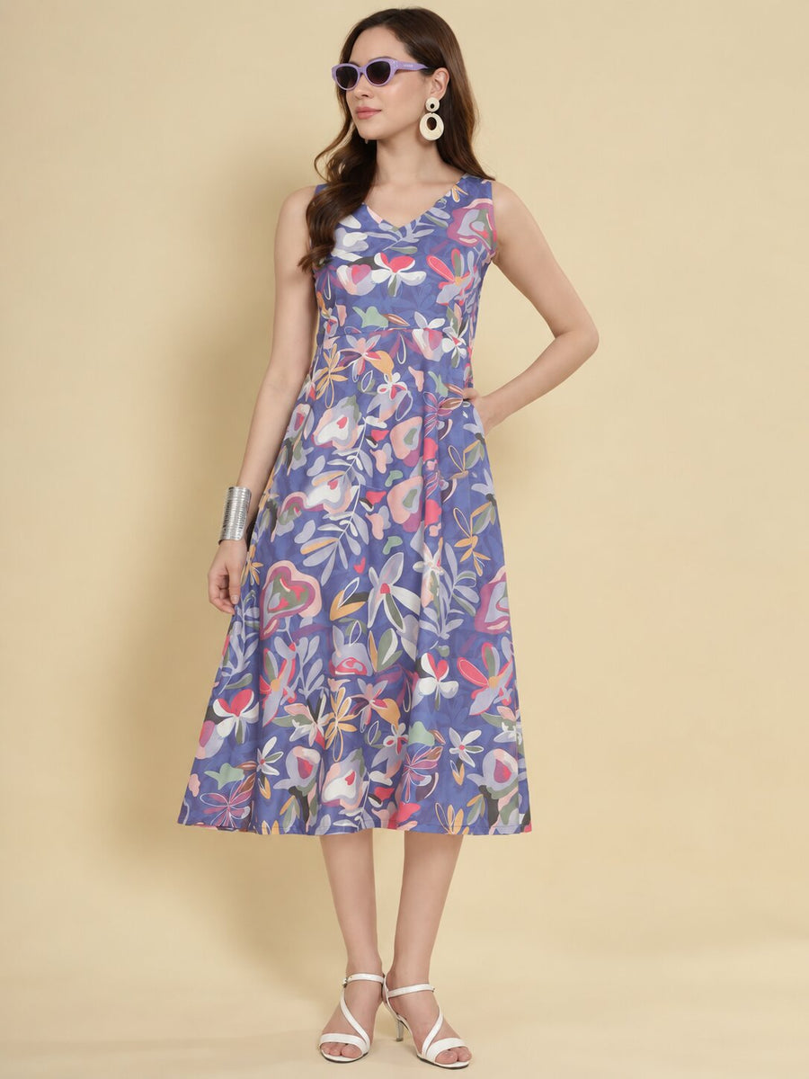 Women Purple Ethnic Motifs Digital Print Fit and Flare Midi Dress
