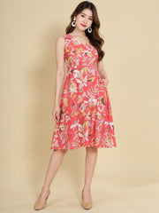 Women Red Ethnic Motifs Digital Print Fit and Flare Midi Dress