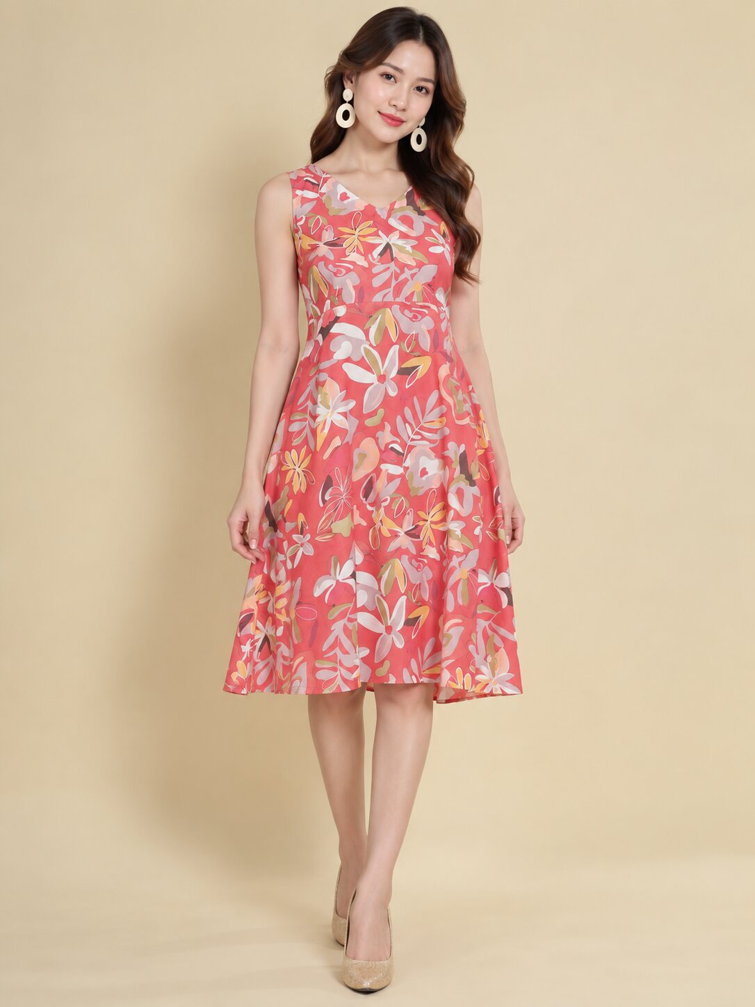 Women Red Ethnic Motifs Digital Print Fit and Flare Midi Dress