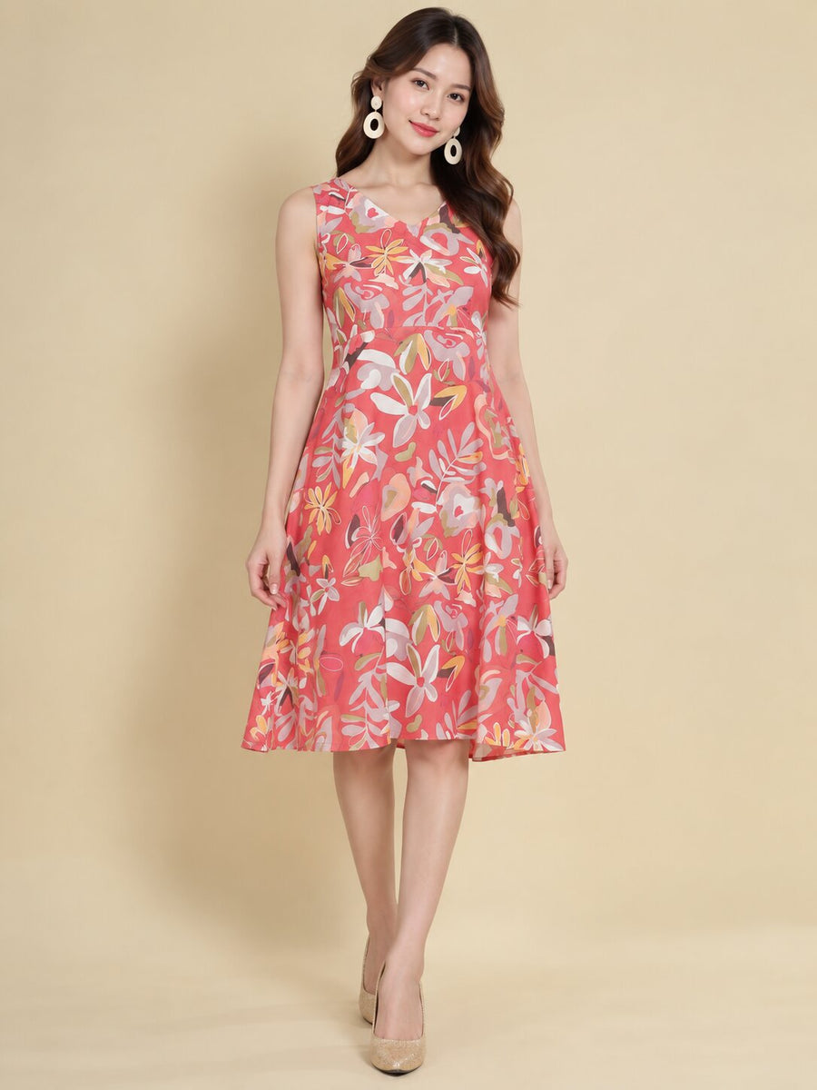 Women Red Ethnic Motifs Digital Print Fit and Flare Midi Dress
