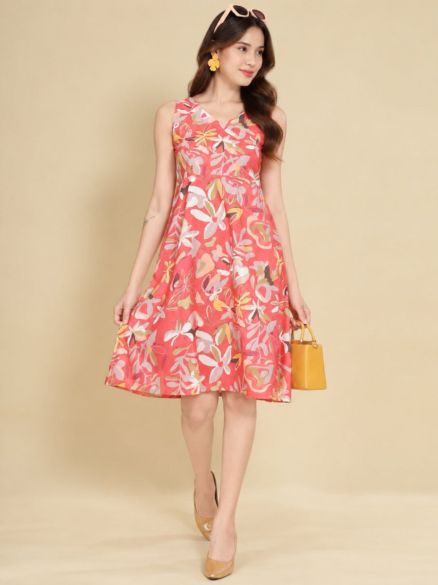 Women Red Ethnic Motifs Digital Print Fit and Flare Midi Dress