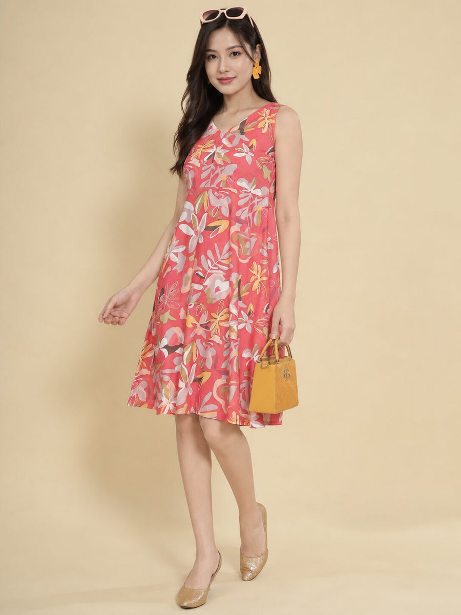Women Red Ethnic Motifs Digital Print Fit and Flare Midi Dress