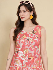 Women Red Ethnic Motifs Digital Print Fit and Flare Midi Dress