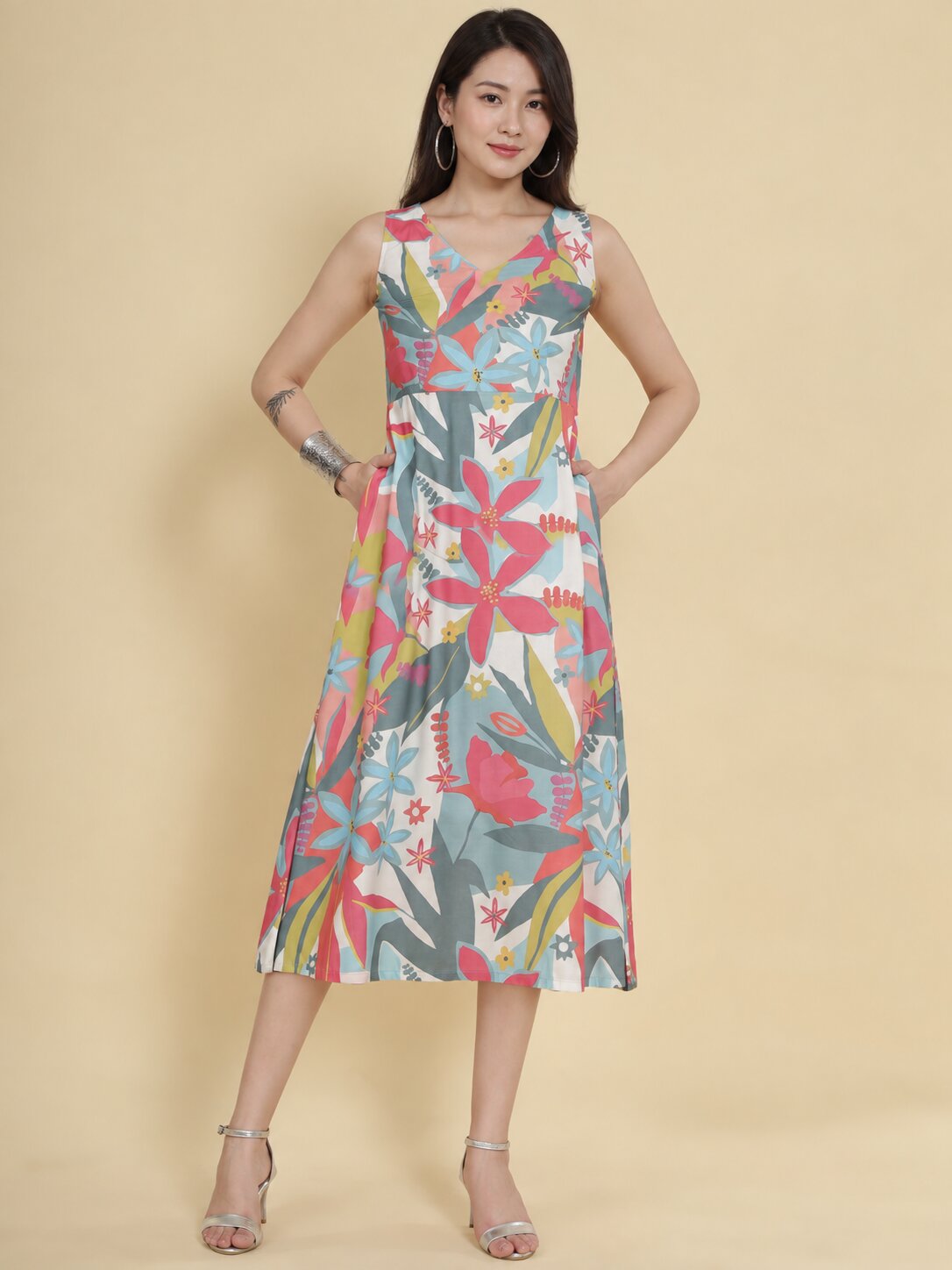 Women White Ethnic Motifs Digital Print Fit and Flare Midi Dress