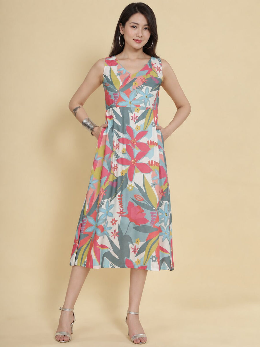 Women White Ethnic Motifs Digital Print Fit and Flare Midi Dress
