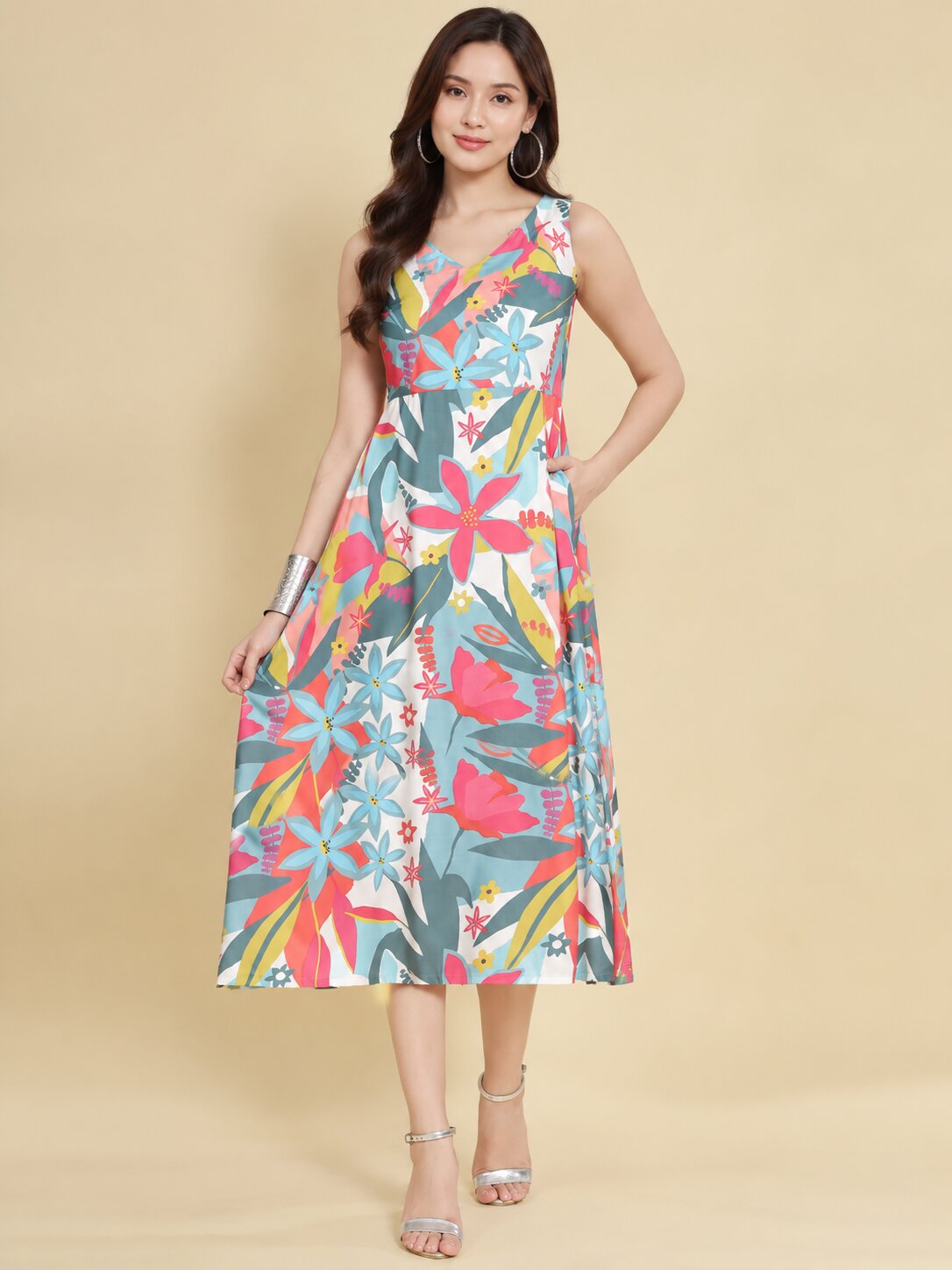 Women White Ethnic Motifs Digital Print Fit and Flare Midi Dress